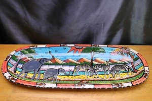 Penzo Pottery Zimbabwe 2000 18 x 6.6 " Tray African Motif Hand Painted Signed - Picture 1 of 9