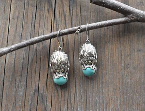 Turquoise earrings, sterling silver Nepali/Tibetan dragon - Picture 1 of 1