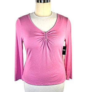 INC Blouse Women's XXL Pink Ribbed Long Sleeve Gold Horseshoe Accent V-Neck - Picture 1 of 16