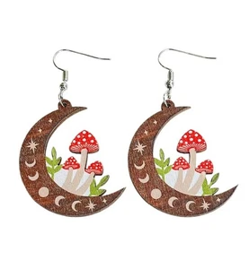 New Crescent Moon Mushroom Earrings Large Celestial Boho Fairycore Dangles Fun - Picture 1 of 5
