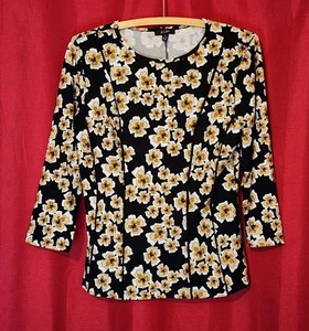 AVM Blusa Donna Pullover Manica 3/4 Nero Floreale Taglia Media - Foto 1 di 10