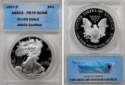 1997-P American Silver Eagle ANACS Proof PR70 Blue Label 70 - SPOTS - Image 1 of 4