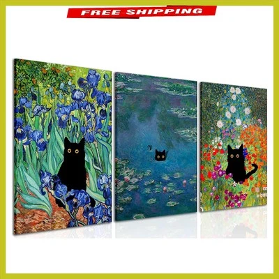 Charming Monet Cat Wall Art Set of 3 - Black Cat in Water Lilies, 12x16 Framed - Image 1 of 4