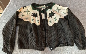 Vtg L.L. Bean Cardigan Sweater Women’s Button Front Fair Isle Black Green M - Picture 1 of 8
