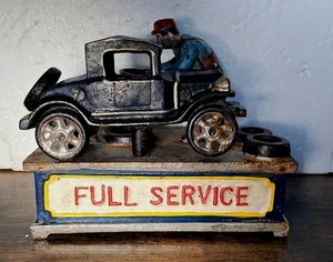 Full Service Mechanical Bank Cast Iron Auto Car Home Man Cave Barn Decor - Picture 1 of 5