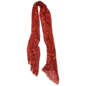 Calvin Klein Red Orange Pattern Lightweight Scarf Fringe Hem Gold Logo Charm - Picture 1 of 9