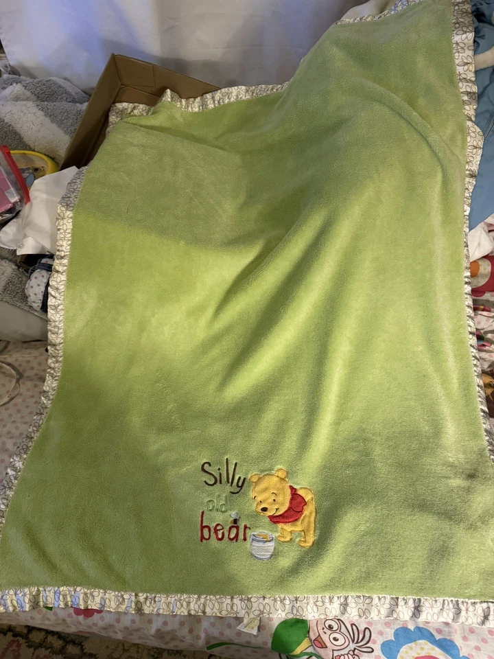 Winnie The Pooh Silly Old Bear Green Toddler Baby Blanket Lovey Satin Edge  - Image 1 of 4