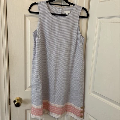 J. Jill 100% Linen Dress Side-Button Hem Sleeveless Sz M Petite Blue Note Multi - Image 1 of 4