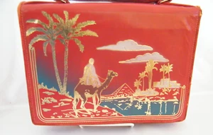 Vintage Red Leather Egyptian Bag Embossed, Clutch Bag w/Camel & Pyrimid - Picture 1 of 8