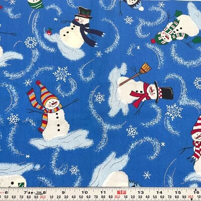 Vintage Fabric Traditions 2002 Glitter Snowmen on Blue Cotton Remnant 11" x 45" - Image 1 of 2