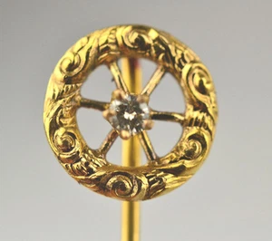 ANTIQUE 14K SOLID GOLD GENUINE DIAMOND STICKPIN EMBOSSED EDGE WITH SPOKE DESIGN - Picture 1 of 6