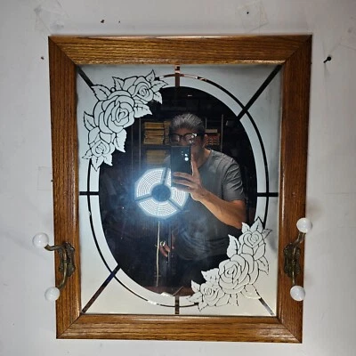 Vintage Rose Etched Glass Mirror with Oak Frame and Brass Hooks 24"H x 19.5"W - Image 1 of 4