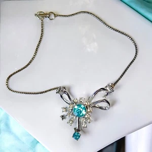 Collana con ciondolo strass blu acqua tono argento dichiarazione retrò vintage - Foto 1 di 9