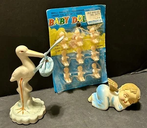 Vtg Lot Plastic Stork & Baby Boy Blue Shower Cake Toppers Cupcake Decorations - Picture 1 of 13
