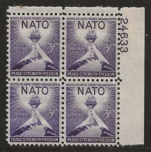 US Scott #1008, Plate Block #24633 1952 NATO 3c FVF MNH Upper Right - Picture 1 of 1