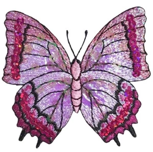 Large Sequin Butterfly Applique Patch - Pink & Fuchsia Spring Badge 3-1/8" (Iron - Picture 1 of 1