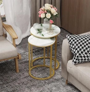 Set of 2 White Marble Coffee Table Stackable for Indoor Sofa Accent End Table - Picture 1 of 12