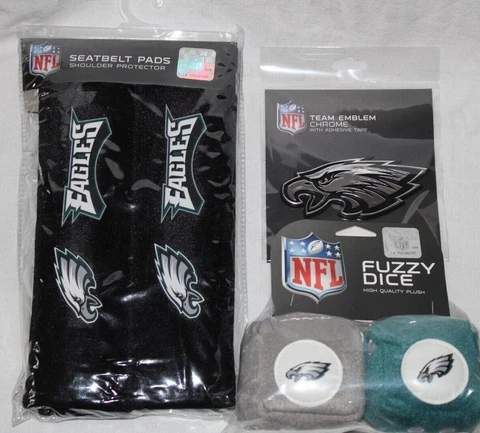 Philadelphia Eagles Auto Gift Set -Seat Belt Pads-Chrome Decal-Fuzzy Dice- NEW Cover