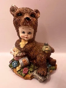 Vintage Resin Figure Child in Bear Costume Eating Honey with Flowers Figurine VG - Picture 1 of 11