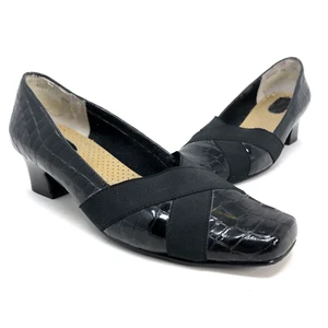 Ros Hommerson Shoes Womens 9 Black Croc Leather Square Toe Pump Heels Slip On - Picture 1 of 11