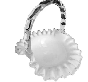 Vtg Fenton Milk Glass Silver Crest Ruffled Wedding Basket Glass Bamboo Handle - Picture 1 of 7