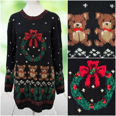 Suéter de Navidad vintage MARISA CHRISTINA para mujer grande tejido a mano osos de peluche Foto 1 de 4