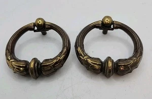 2 EARLY ANTIQUE Large Solid Bronze Drawer Pulls Drop Ring Pull  Colonial  A. - Bild 1 von 3