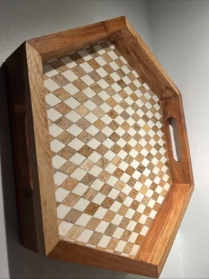 Handmade Wooden Hexagon Tray Bone Inlay Geometric Design – Made in India  - Image 1 of 4