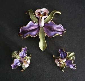 Lila Orchidee Blume Kristall Brosche Anstecknadel & Ohrring Set - Bild 1 von 6