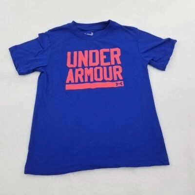 Under Armour Tee Kids 5 Blue Pink Logo Spell out Short Sleeve Graphic Textured - Image 1 of 4