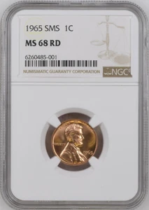 :1965 SMS 1C LINCOLN CENT NGC MS 68 RD BRIGHT SHINE RED RARE R5 HIGHEST-GRADES  - Picture 1 of 2