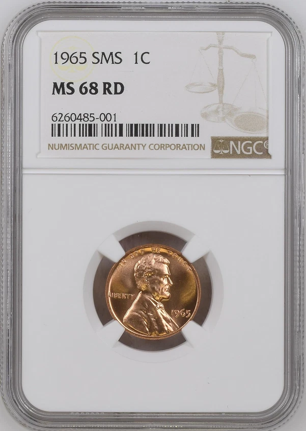 :1965 SMS 1C LINCOLN CENT NGC MS 68 RD BRIGHT SHINE RED RARE R5 HIGHEST-GRADES  - Image 1 of 2
