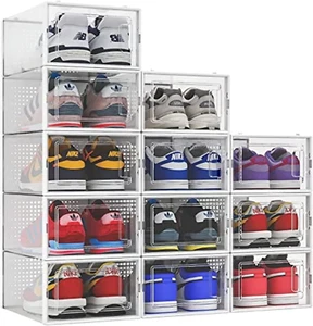 12 Pack Shoe Storage Boxes Clear Plastic Stackable Shoe Organizer Drawer Bins - Picture 1 of 12