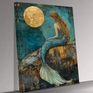 Stunning Mermaid On Rock Muted COlours Canvas Print Wall Art Picture - Picture 1 of 7