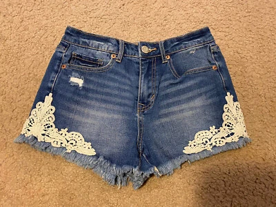 Aeropostale 女式牛仔裤短裤 0 深蓝色水洗高腰短蕾丝花朵 — 第 1/4 张图片