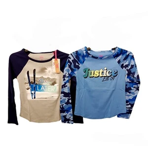 Lot of 2 Justice Long Sleeve Blue T-Shirts-10-Camo-Skiing - Picture 1 of 4
