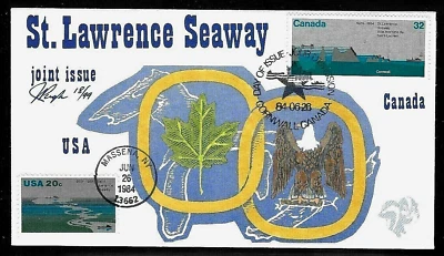 2091 20c Stamp + 32c Stamp (1984) THE GREAT SAINT LAWRENCE SEAWAY FDC FROM PUGH - Image 1 of 2