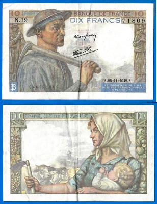 France 10 Francs 1942 26 November Serie N Mineur Miner WWII Frcs Free Ship World - Image 1 of 3