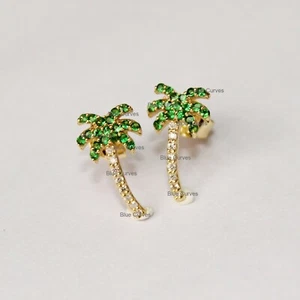18k  Solid Yellow Gold Tsavorite Gemstone & Natural Diamond Palm Studs Jewelry - Picture 1 of 3