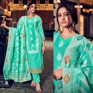 AQUAMARIN BANARASI COTTON INDIAN READYMADE SALWAR KAMEEZ SUIT DUPATTA LADIES DEN - Picture 1 of 3