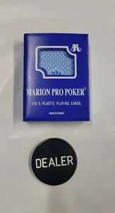 Marion Pro Poker 100% Plastic Playing Cards (Blue) with 2" Black Dealer Button - Picture 1 of 3