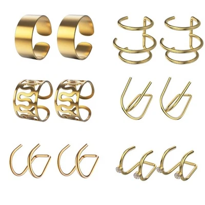 12PCS Stainless Steel Ear Cuff Clips on Wrap Women Men Earrings Set Non Piercing - Image 1 of 4