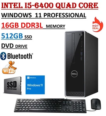 Dell Inspiron 3250 PC Intel i5-6400 Quad 16GB RAM 512GB SSD DVDRW WiFi Win11 Pro - Image 1 of 2