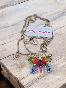 Betsey Johnson Love Fest Butterfly Necklace Multicolored Crystals Long Chain NWT - Picture 1 of 4