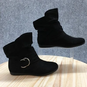 SO Boots Womens 6.5 M Zucchini Mid Pull On Slouch Boot Flats Black Faux Suede - Picture 1 of 14