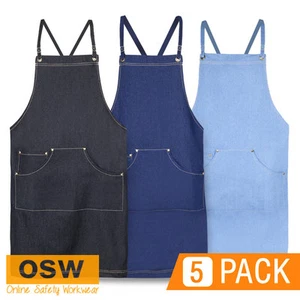 5 X HOSPITALITY CAFE KITCHEN CROSS BACK BIB DENIM APRONS - NAVY/BLACK/LIGHT BLUE - Picture 1 of 5