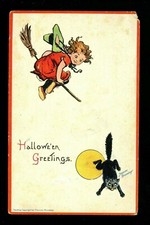 Halloween Postcard Gabriel 123-2 Artist Brundage Witch black cat linen card