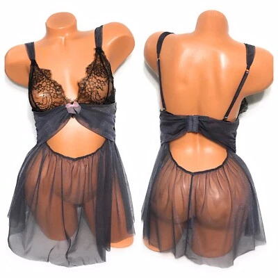Victoria's Secret Sheer Lace Nightie Babydoll Gown Gray Blue Cutouts Size L - Image 1 of 4