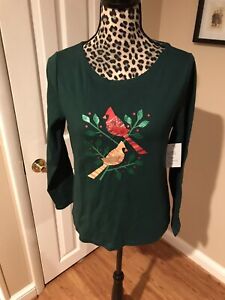 CROFT & BARROW Christmas Cardinals Top Shirt  100% Cotton Long Sleeve Sz Sp