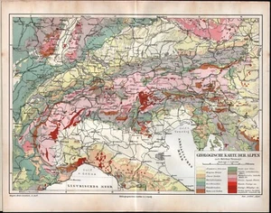 Alps Geological Map 1909 Meyers Antique - Picture 1 of 1